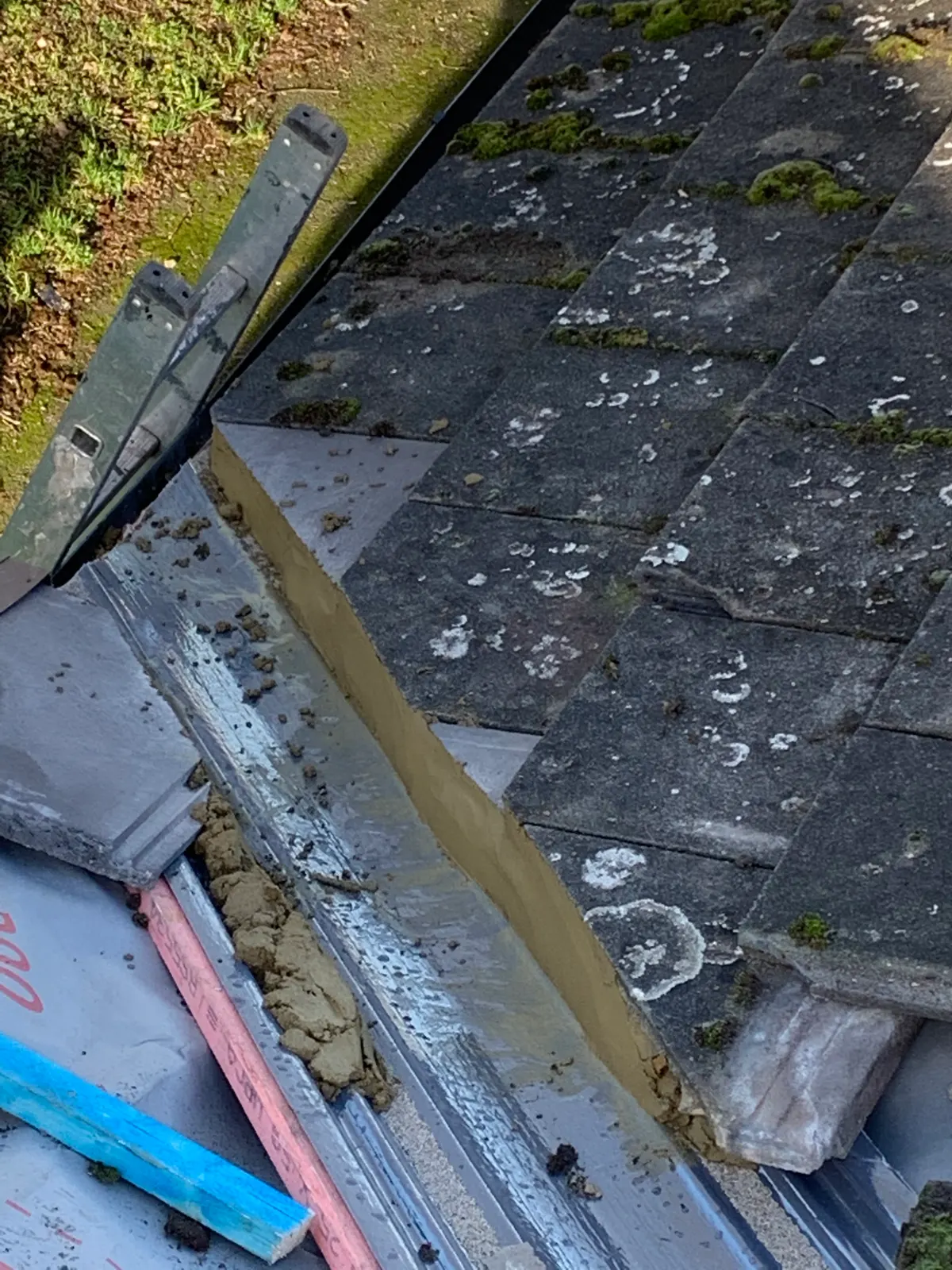 Slate roof valley repair in progress